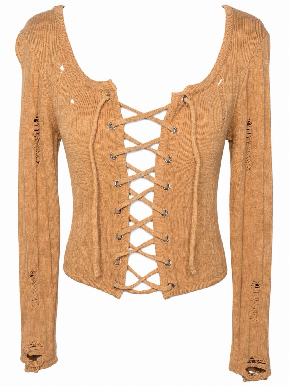 Lorena Rose Tan Distressed Long Sleeve